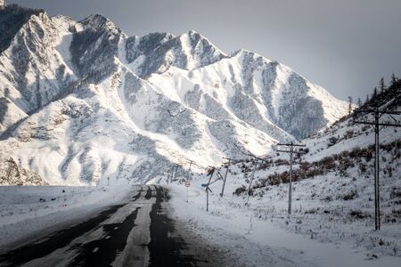 Altai Mountains, winter road, trip in siberiaの写真素材