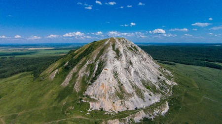 Flying over Shikhan mountain, Tra-Tau, Russia, Bashkortostan South Uralの写真素材