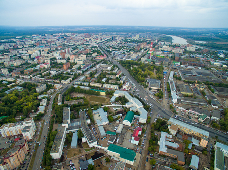 Aerial view of the city Ufa from the river, the village, park, plant. Russiaの写真素材