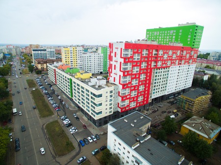 Aerial view of the city Ufa from the river, the village, park, plant. Russiaの写真素材