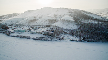 Russian Ural mountains in winter. Aerial view of the lake and the endless landscapesの写真素材
