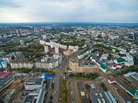 Aerial view of the city Ufa from the river, the village, park, plant. Russiaの写真素材