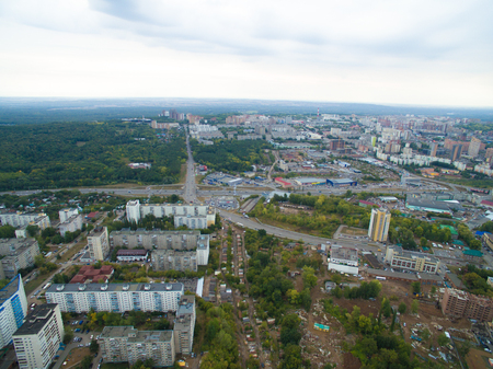 Aerial view of the city Ufa from the river, the village, park, plant. Russiaの写真素材