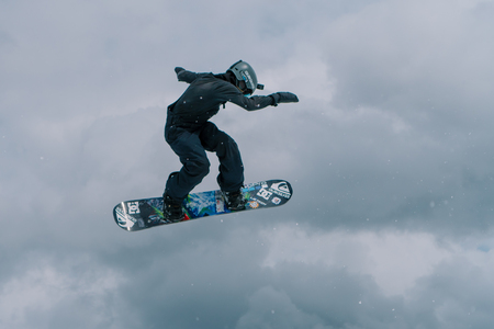 2017 04 Festival NewStarCamp: snowboarder jumps from a high springboardのeditorial素材