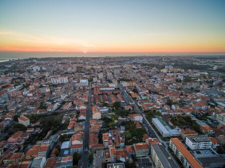 View of the sunset from the side of the new Porto, Portugal. Aerialの写真素材