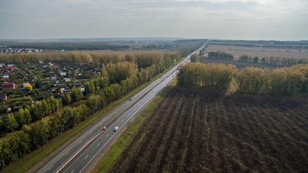 Aerial view of the Russian countryside in autumnの写真素材