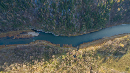 Ural forest, rock, mountain and river. Aerial viewの写真素材