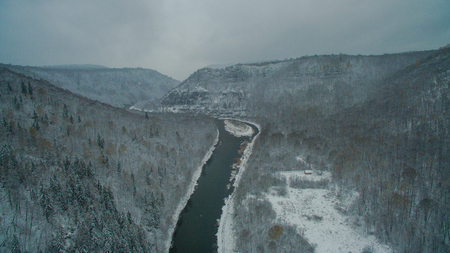 Ural forest, rock, mountain and river. Aerial viewの写真素材