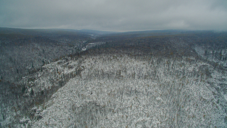 Ural forest, rock, mountain and river. Aerial viewの写真素材