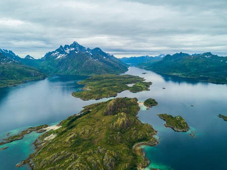 Aerial view mountain landscapes on the Norwegian Seaの写真素材