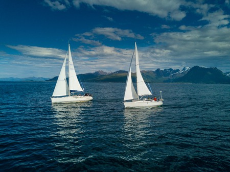 Aerial view of sailing yacht in Norwayの写真素材
