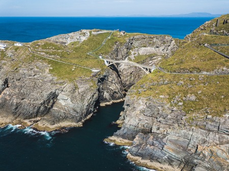 Aerial view of Bridge to Mizen Head lighthouse in southern Irelandの写真素材
