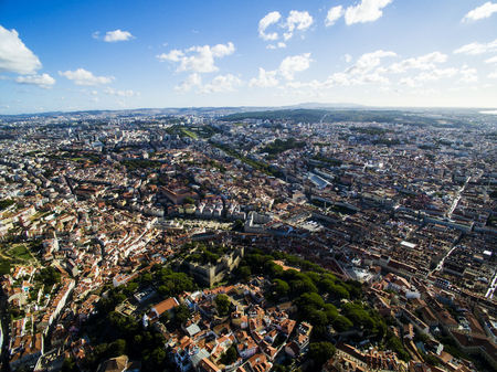 Shooting aerial view of Lisbon. Old city in summerの写真素材