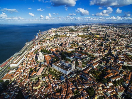 Shooting aerial view of Lisbon. Old city in summerの写真素材