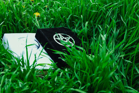Books of white and black magic. Beautiful occult ritual. Power of nature. Spritual mood.の写真素材