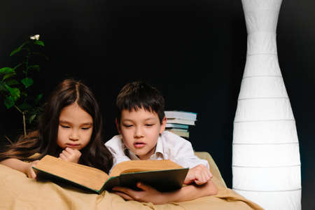 Portrait of two Asian siblings reading a book together at home educationの写真素材
