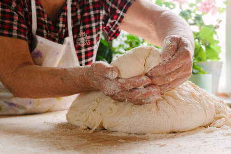Cooking at home, old woman's hands kneading doughの写真素材