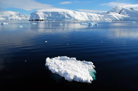 small ice floe in the sea, with antarctic behind it