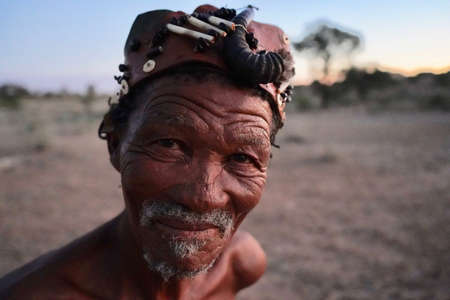 Kalahari, South Africa - 14 February 2020 : Bushman people in South Africa still dress in...