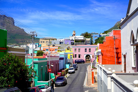 Bo-Kaap district, Cape Town, South Africa - 14 December 2021 : Distinctive bright houses in the bo-kaap district of Cape Town, South Africaのeditorial素材