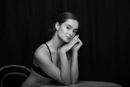 sexy woman on bed beauty young erotic body model underwearの写真素材