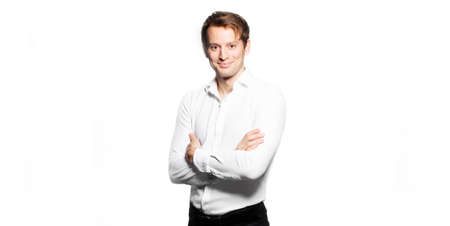 business portrait man on white background isolated male crossing armsの写真素材