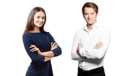 Business woman and man on white background. crossing arms. Smiling happy couple on white background facing camera. Business portrait of two people. Team work couple. husband and wife on white.の写真素材