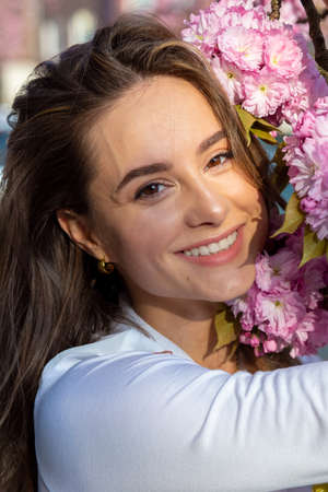 blossoms woman smile spring time pink flowers tree happyの写真素材