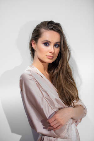 beauty product model woman white background massage oilの写真素材