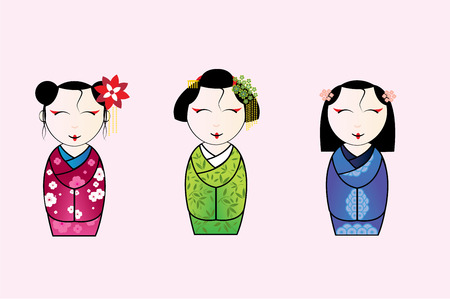 illustration of cute japanese geisha setのイラスト素材