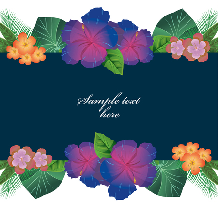 Tropic summer colorful flowers and leaves. Composition with flowers jungle. Greeting and invitation cardのイラスト素材