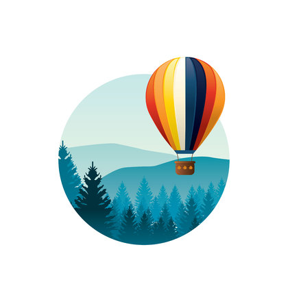 Colorful hot air balloon flying over mountains.のイラスト素材