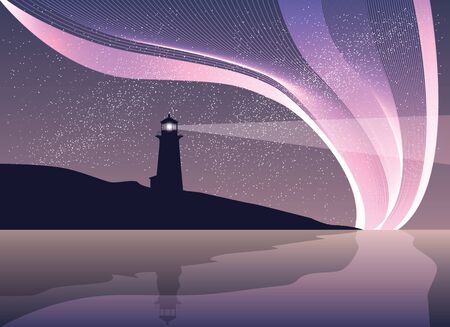Lighthouse on the rock with sea and northen light.のイラスト素材