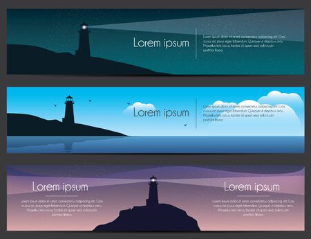 Lighthouse on the rock with sea banners set.のイラスト素材