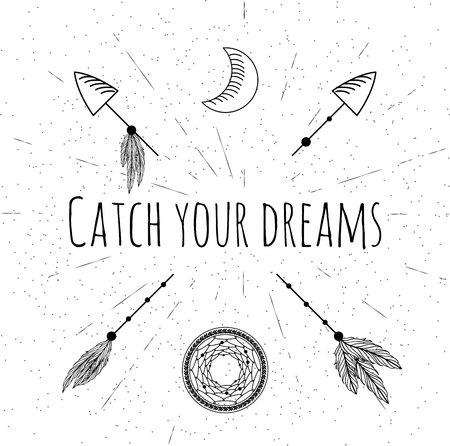 Hand drawn arrows, dreamcatcher, moon and feathers.のイラスト素材