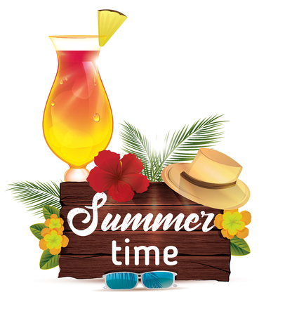 Summer vacation vector poster with palm leaves, tropical flower, cocktail and hat. Illustration. Design elementのイラスト素材