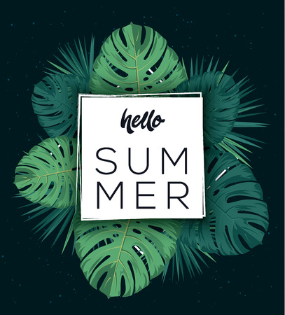 Hello summer poster. Tropic leaves. Tropic background. Bannerのイラスト素材