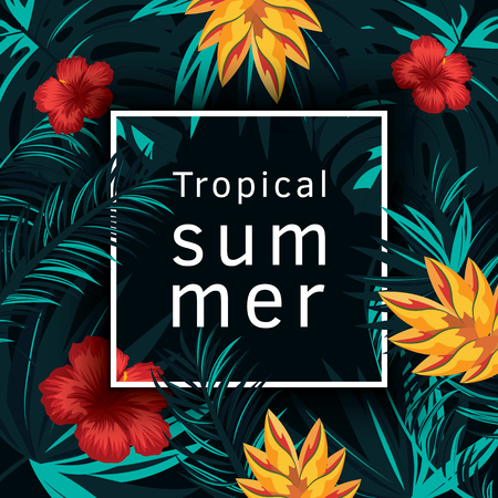 Tropical vector poster with tropical leaves and flowers. Illustrationのイラスト素材