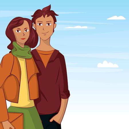 Young couple cartoon over sky backgroundのイラスト素材