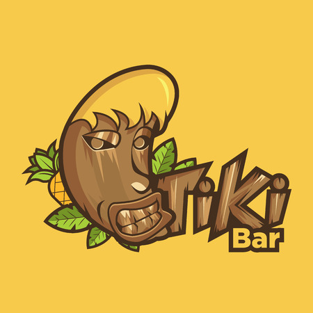 Funny cartoon tiki mask with tropical leaves and flowers.のイラスト素材