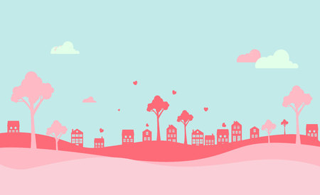 Valentines day background with heart and houses. Vector pink backgroundのイラスト素材