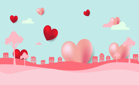 Valentines day background with heart and houses. Vector pink backgroundのイラスト素材