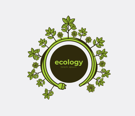 Ecology theme Earth Day flyer template Bright green trees and buildings concept. Poster, card, label, banner design. Bright and stylish geometrical background.のイラスト素材