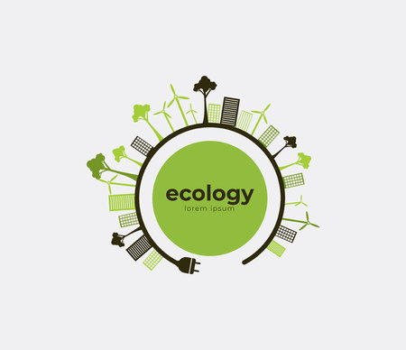 Ecology theme Earth Day flyer template Bright green trees and buildings concept. Poster, card, label, banner design. Bright and stylish geometrical background.のイラスト素材