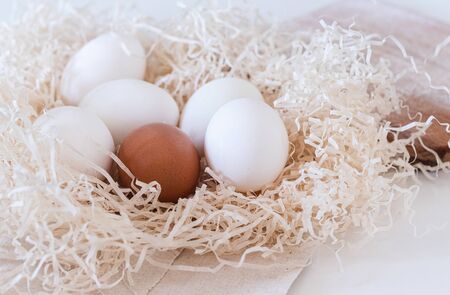 Close up view of raw chicken eggs. Backgroundの写真素材