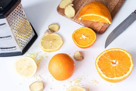 Orange and lemon on a white background. Close up backgroundの写真素材