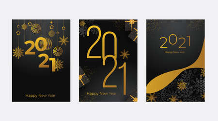 Concept of Happy New Year posters set. Design templates on dark background with black and gold...