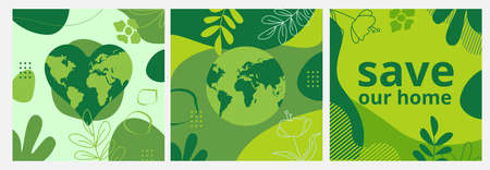 Set of Earth Day posters with green backgrounds, liquid shapes, leaves and elements. Layouts for...