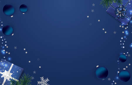 Christmas blue background with christmas gifts. Merry Christmas and Happy New Year backgroundのイラスト素材