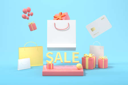 Shopping bags and gifts with blue background, 3d rendering. Computer digital drawing.の写真素材